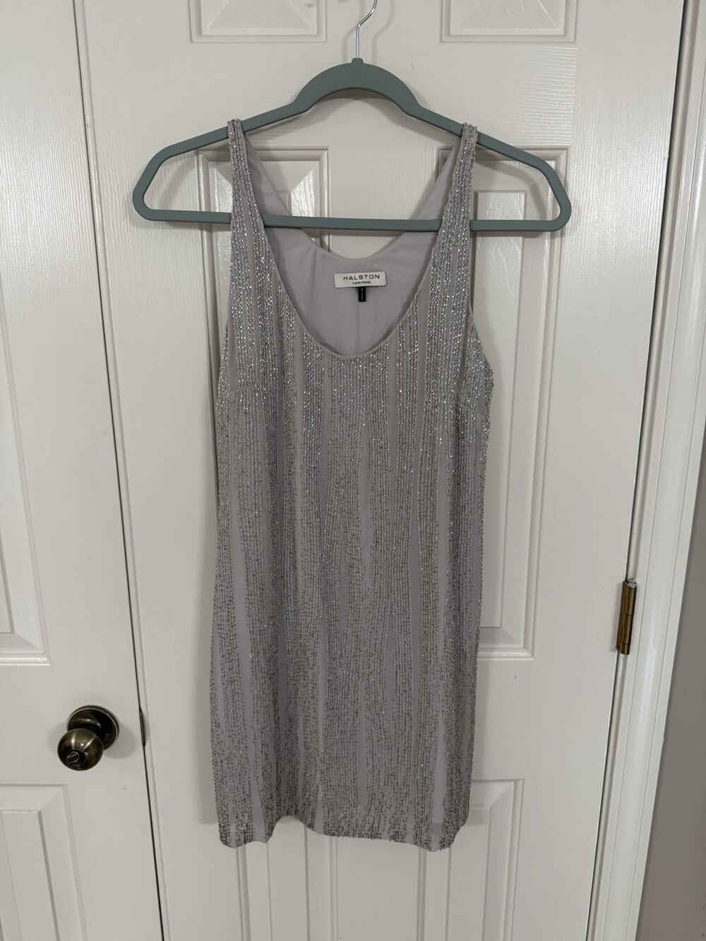 Halston Heritage Silver Beaded Dress 4
